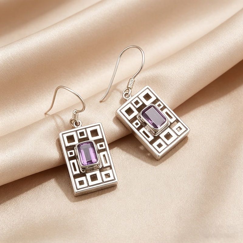 Women's Geometric Purple Cubic Zirconia Pendant Earrings with Retro Box Design